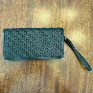 Madison West Wristlet Wallet Black Woven Faux Leather Clutch